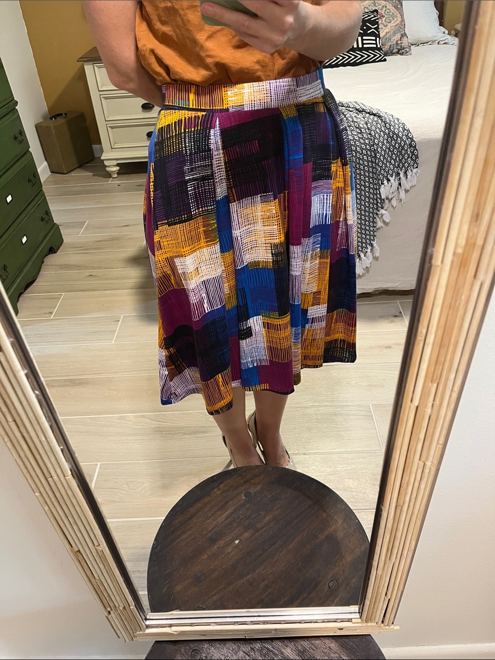 LuLaRoe Multicolor Patchwork Midi Skirt in Yellow, Blue, Purple, Black, White